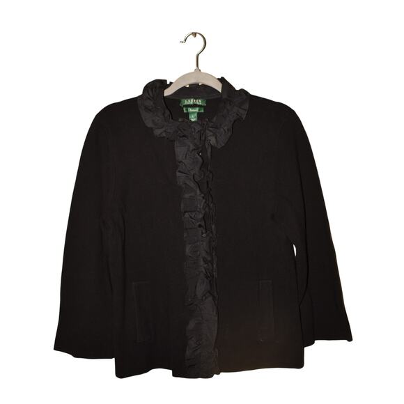 LAUREN RALPH LAUREN $119 Black Taffeta Ruffle Trim Knit Cardigan Sweater Large - Picture 1 of 3